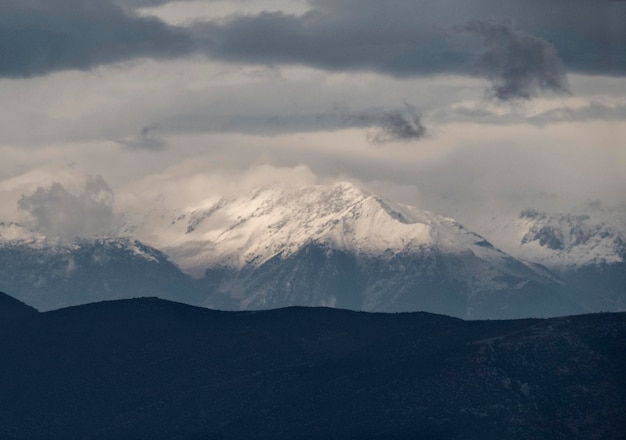 Panoramic view of snow covered Parnassus Mountains on a sunny day from the island of Evia Greece