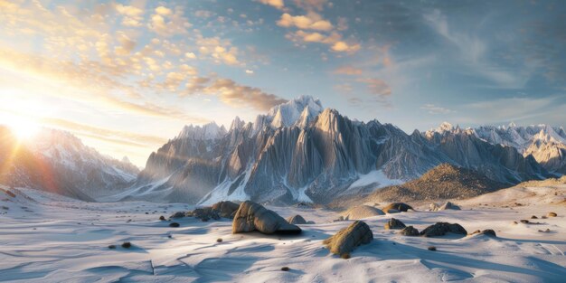 Panoramic view of snow mountains range landscape Generative AI