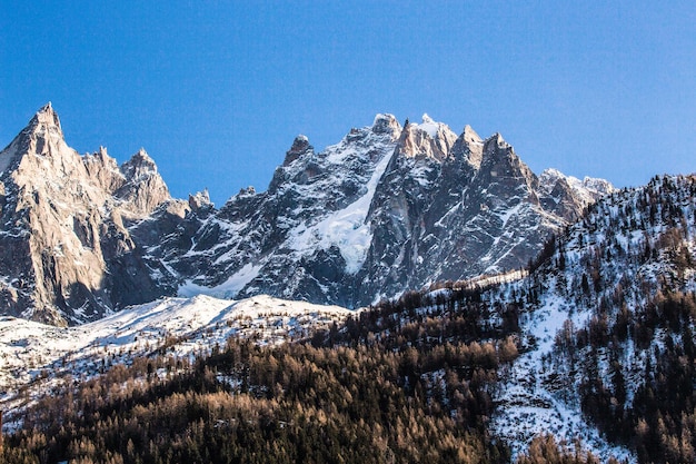 Photo panoramic view of snowcapped mountains against blue sky