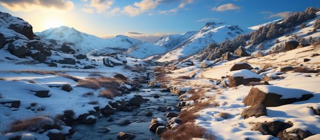 Panoramic view of snowcapped mountains at sunset