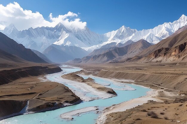 Panoramic view of the snowy mountains in Upper Mustang Annapurna Nature Reserve trekking route Nepal