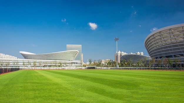 Panoramic view of soccer field stadium and stadium seats