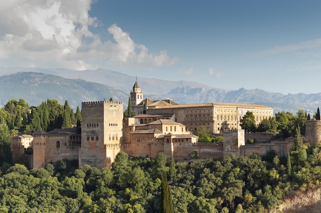 Panoramic view of the spectacular Alhambra in Granada Andalusia Spain with Sierra Nevada in the background