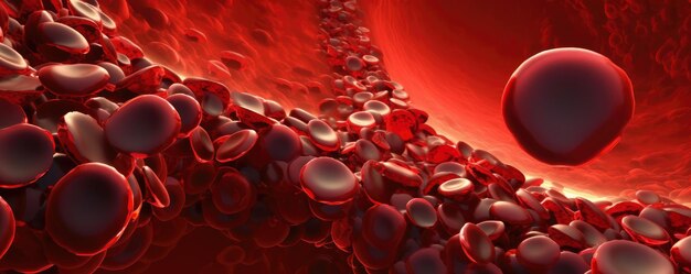 Panoramic view of stylized red blood cells flowing in a rich burgundy background