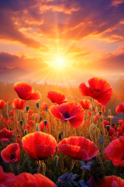 Panoramic view of the sunlight or sunset over the mountains with a field of bright red poppies with magic light Generated AI Beautiful layout for a postcard