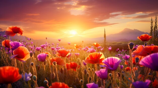 Panoramic view of the sunlight or sunset over the mountains with a field of bright red and purple wildflowers and poppies Generated AI Beautiful layout for a postcard