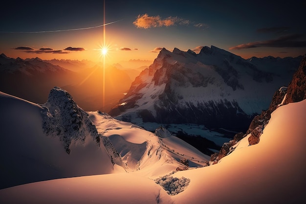 A panoramic view of the sunrise over a mountain range with the sun's rays illuminating the peaks and creating a dramatic and inspiring scene Generated by AI