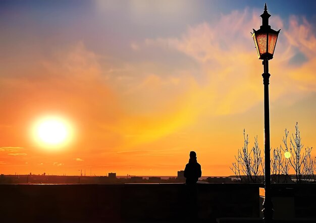 panoramic view on sunset sky from city promenade people relax on nature urban scene