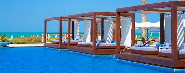 Panoramic view of swimming pool near a beach