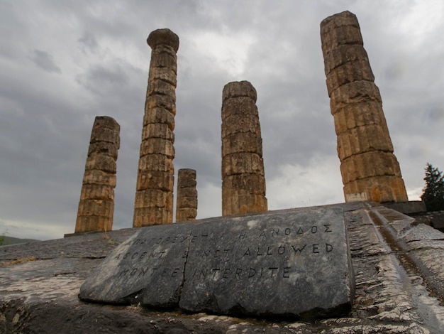 ギリシャの山々を背景にデルファイのアポロ神殿のパノラマビュー