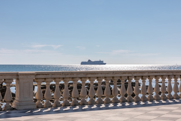 Panoramic view of Terrazza Mascagni (Mascagni terrace) in front of the Ligurian sea on the western coast of Tuscany in Livorno