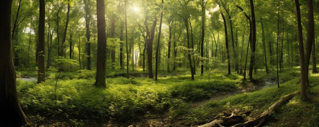 Panoramic view of a tranquil forest glade with sunlight filtering through the canopy panorama