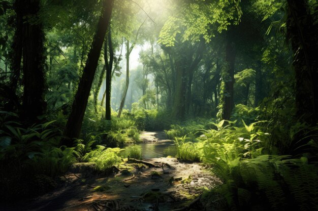 Panoramic view of a tranquil forest glade with sunlight filtering through the canopy