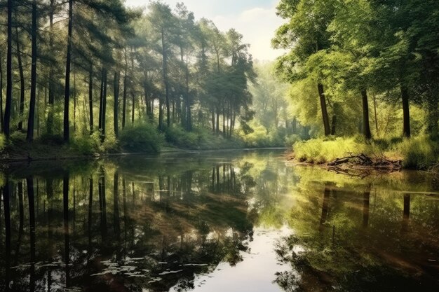 Panoramic view of a tranquil forest lake surrounded by lush green trees