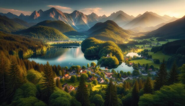 panoramic view of a tranquil landscape featuring mountains a lake forests and a picturesque