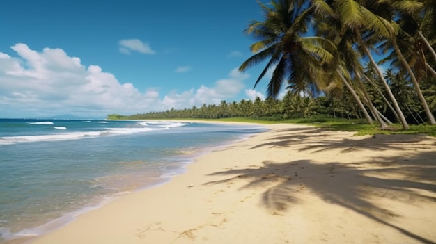 Panoramic view of a tropical beach with swaying palm trees Generative AI