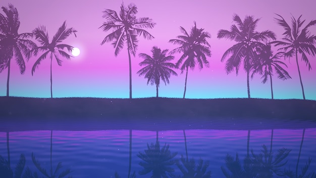 Panoramic view of tropical landscape with palm trees and sunset, summer background. Elegant and luxury 80s, 90s retro style 3D illustration