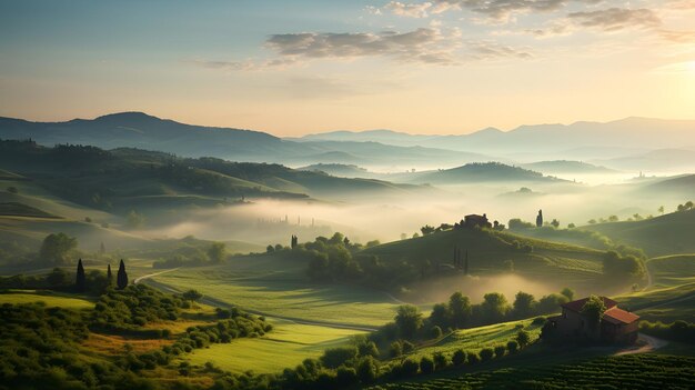 Panoramic view of Tuscany Italy at sunrise