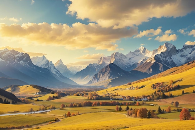 Panoramic view of valley and mountain range in a colorful autumn with yellow meadows and high mountain