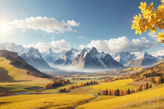 Photo panoramic view of valley and mountain range in a colorful autumn with yellow meadows and high mountain