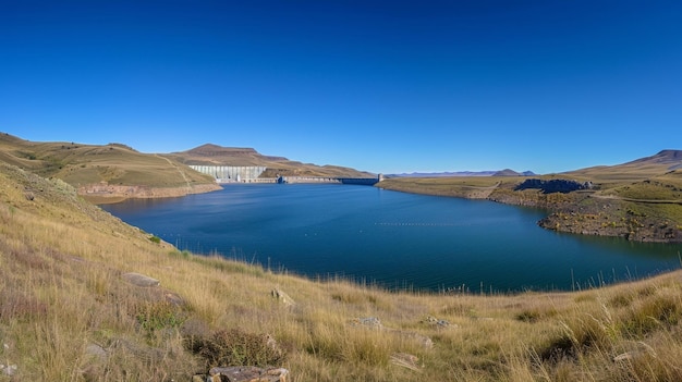 発電所 の 水源 を 供給 する 広大 な ダム と 貯水 池 の パノラマ 景色