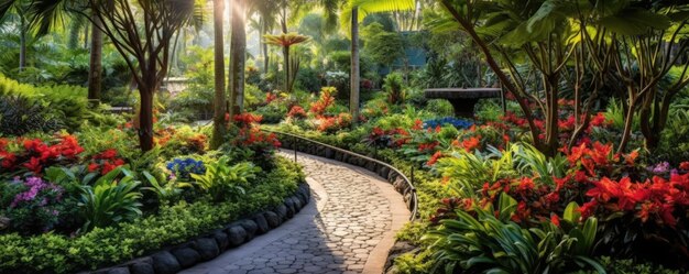 Panoramic view of a vibrant botanical garden with colorful flowers lush greenery panorama