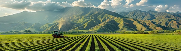 A panoramic view of vibrant green agricultural fields with a tractor under a mountainous skyline