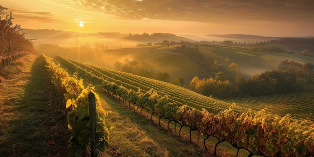 Panoramic view of vineyard with rows of grapevines at sunrise planted on a beautiful hilly landscape