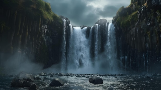 Panoramic view of a waterfall in the rainforest of Hawaii