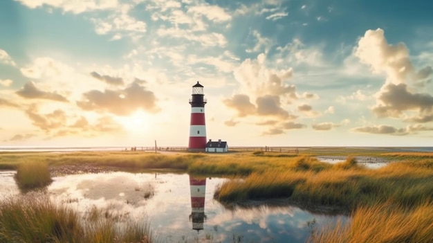 Panoramic view of Westerheversand Lighthouse in Westerhever