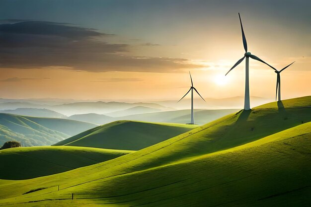 コピースペース付きの発電用の高風力タービンを備えた風力発電所または風力発電所のパノラマビューグリーンエネルギーコンセプトAI生成デジタルアート
