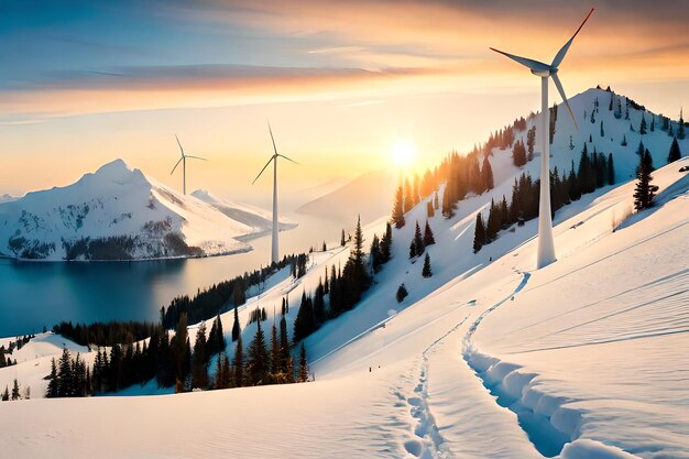 Panoramic view of wind farm or wind park with high wind turbines for generation electricity with