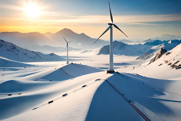 Panoramic view of wind farm or wind park with high wind turbines for generation electricity with