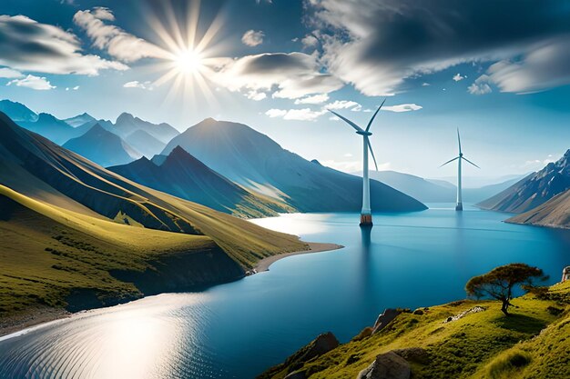 Panoramic view of wind farm or wind park