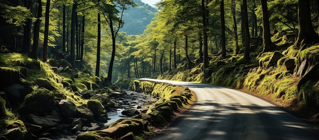 Panoramic view of a winding road in a beautiful green forest