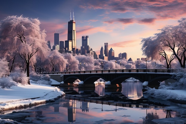 Panoramic view of a winter Chicago city skyline urban winter wonderland Snowcovered trees