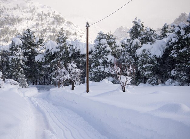 Panoramic view winter with lots of snow and snow drifts in a Greek village on the island Evia Greece