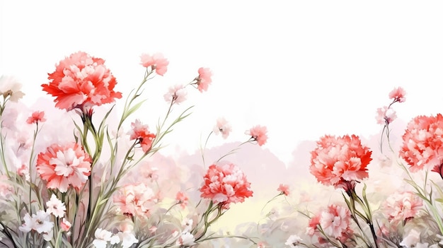 Panoramic view with carnation Set red pink white flowers gypsophile twigs white background