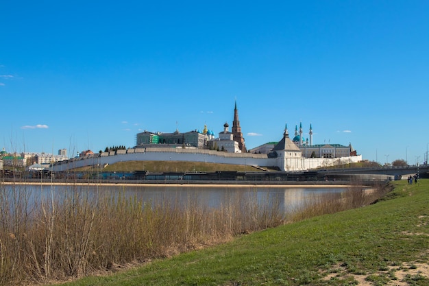 Panoramic view with Kazan Kremlin mosque Kul Sharif and with river KazankaMay 2022