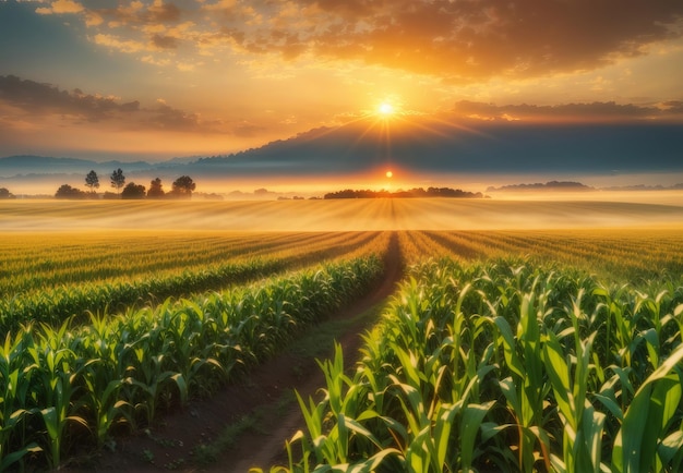 Panoramic view of young corn field plantation with sunrise background