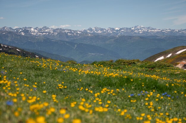 Panoramic views of the snowy mountains from the Col de Pailheres France