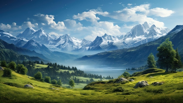 A panoramic vista of an expansive mountain range speckled with crystalclear lakes and lush forests