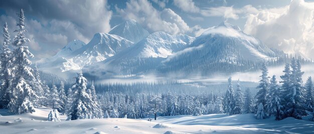パノラマの景色が広がり明るい空の下の雪に覆われた山々と霧の谷に消える森の斜面が現れます景色の静けさは感知できます