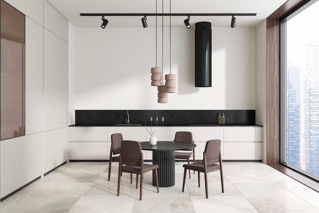 Panoramic white kitchen interior with table