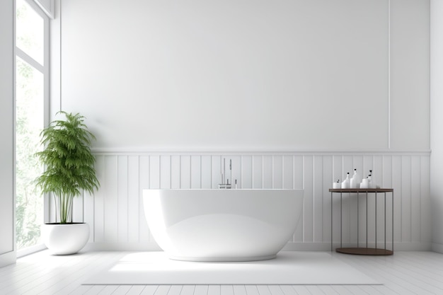 Фото Панорамный интерьер ванной комнаты с белой стеной с деревянным полом и белой ванной макет пустой стены справа