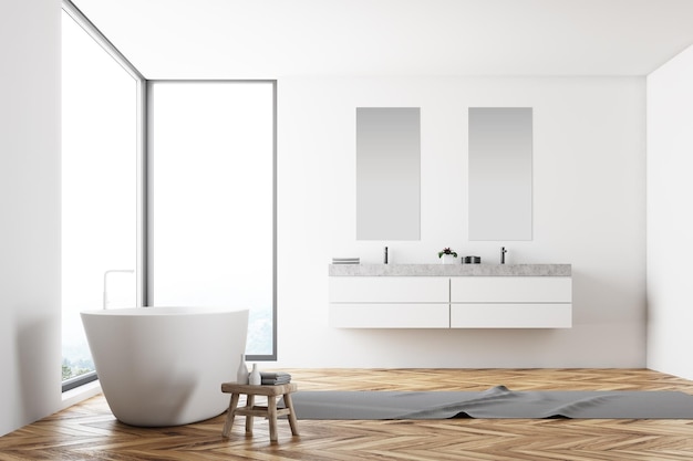 Panoramic white wall bathroom interior with a wooden floor, and a white bathtub. A double sink and a rug on the floor. 3d rendering mock up