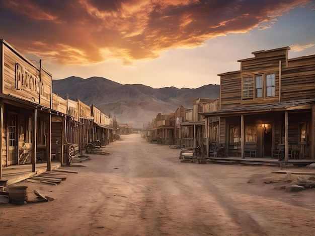 Photo panoramic wild west scenery with wooden buildings on the desert with valleys during sundown