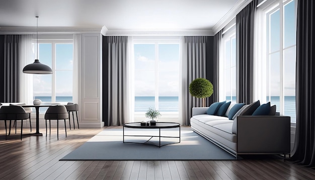 파노라마 창. 바다 풍경을 감상할 수 있는 객실 내부. 큰 바다 전망 창을 갖춘 리조트 아파트 또는 호텔. 현대 여름 배경입니다.