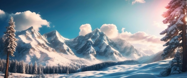 Panoramic winter landscape with snow mountains