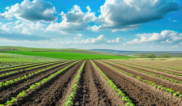 Панорамный вид красочных полей и рядов саженцев кукурузных кустарников в качестве фоновой композиции